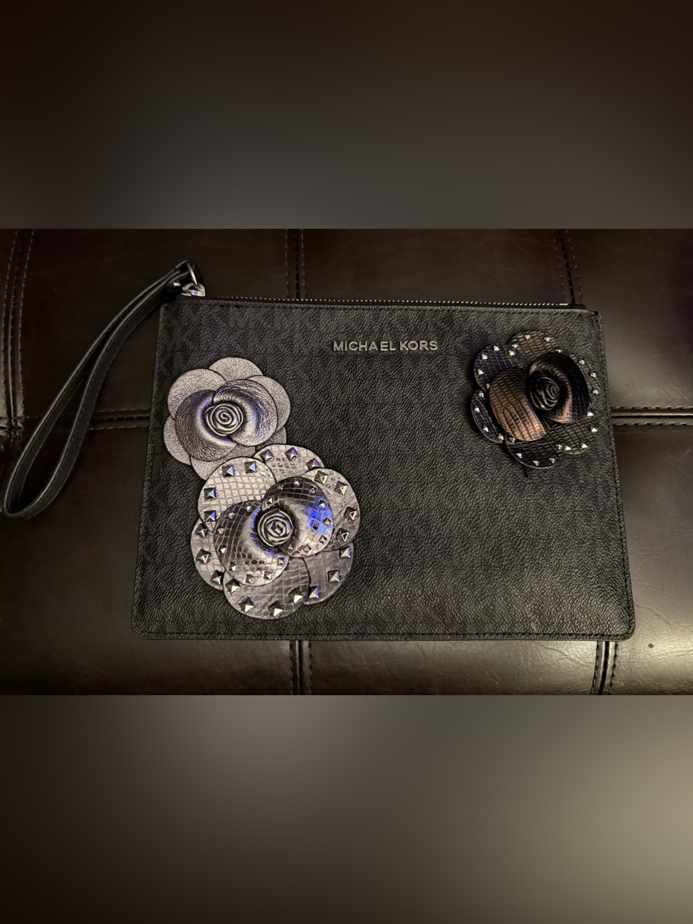 Michael Kors Black Floral Appliqué Wristlet Clutch